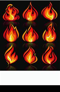 Fire flames new set, with reflection on a blackground. Vector illustration 10eps