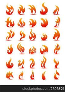 Fire flames on white background vector, set icons