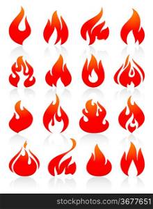 Fire flames red, set icons