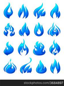 Fire flames, set 3d blue icons
