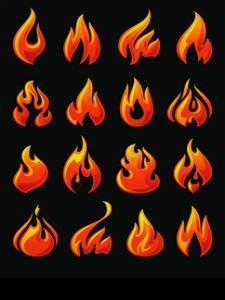 Fire flames, set 3d red icons on a black ground