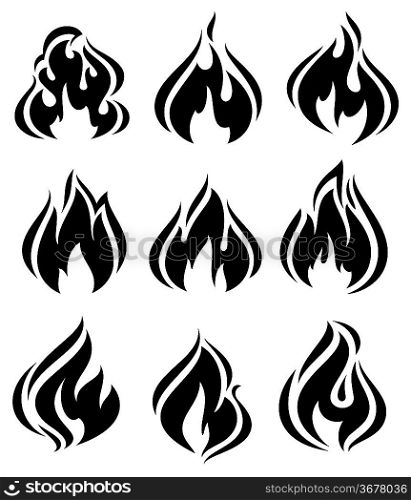 Fire flames, set black icons