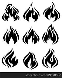 Fire flames, set black icons