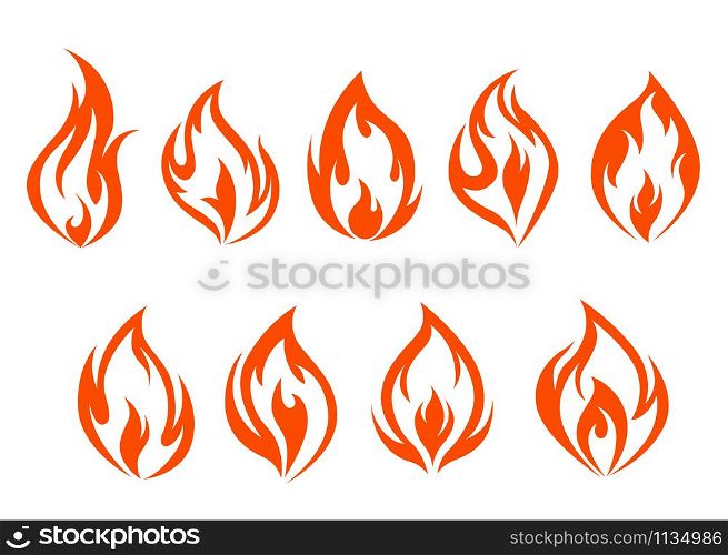 Fire flames set isolated on white background. Vector illustration. Fire flames set