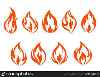 Fire flames set isolated on white background. Vector illustration. Fire flames set