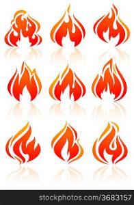 Fire flames, set red icons