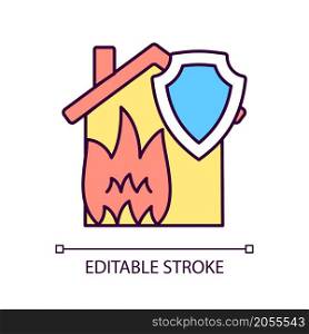 Fire home insurance RGB color icon. Protecting house from fire. Guaranteed financial safety at fire accident. Isolated vector illustration. Simple filled line drawing. Editable stroke. Arial font used. Fire home insurance RGB color icon