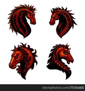 Fire horse head mascot with brown wild mustang stallion, adorned by ornaments of curly fire flames. Sporting team or club symbol design. Fire horse mascot of flaming wild mustang