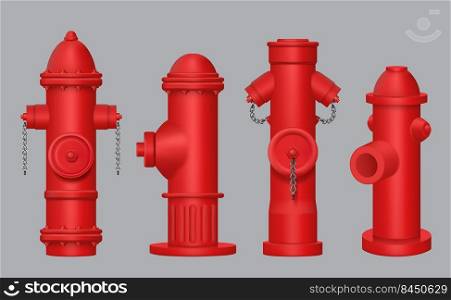 Fire hydrant. Red construction with valves street pipes for water decent vector realistic illustration. Collection of hydrant in red color. Fire hydrant. Red construction with valves street pipes for water decent vector realistic illustration