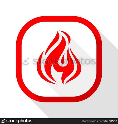 Fire icon, square button. Fire flame, colored icon with shadow on a rounded square button