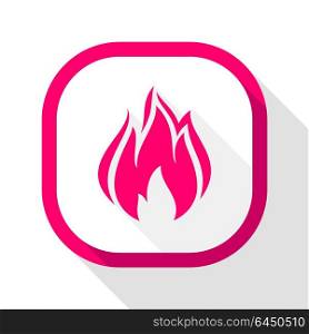 Fire icon, square button. Fire flame, colored icon with shadow on a rounded square button