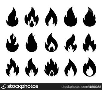 Fire icons. Burning flame silhouette logos, simple fire symbols for hot sauce and kitchen grill. Vector fire energy graphic art templates set. Fire icons. Burning flame silhouette logos, simple fire symbols for hot sauce and kitchen grill. Vector fire energy graphic templates