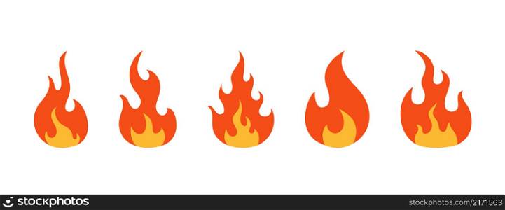 Fire icons. Flame icons. Cartoon emoji of bonfire. Symbol of fire. Hot logos. Silhouettes of burn. Vector.