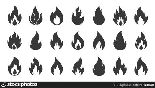 Fire icons. Simple flame silhouettes. Black contour warning minimal signs. Collection of isolated information symbols about fuel and hot products. Bonfire or flammable liquid. Vector fiery outline set. Fire icons. Simple flame silhouettes. Black contour warning signs. Collection of information symbols about fuel and hot products. Bonfire or flammable liquid. Vector fiery outline set