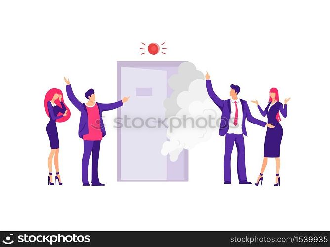 Fire in an office building illustration. Group of characters employees are standing in panic near an open door with smoke violation of fire safety at work red vector fire warning light.. Fire in an office building illustration. Group of characters employees are standing in panic.