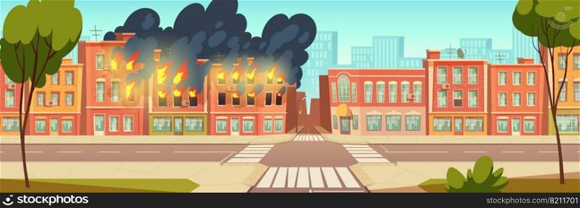Fire in city house, vector cartoon urban landscape with burning building, red flame with black smoke, danger background. Fire in city house, burning building cartoon