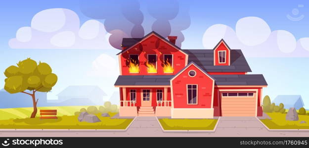 Fire in house, burning two-storey suburban cottage, flame with long tongues in real estate countryside building residential dwelling with garage. Dangerous accident at home Cartoon vector illustration. Fire in house, burning two-storey suburban cottage