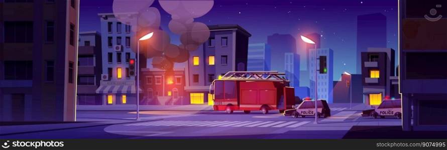 Fire in house, firefighter truck and police car on city street at night. Burning town building with flame in windows, black smoke and red emergency rescue vehicle on road, vector cartoon illustration. Fire in house and firefighter truck at night