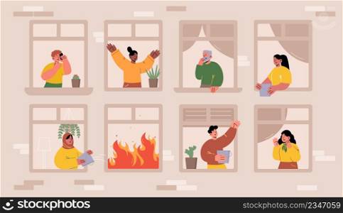 Fire in house with people in windows, frightened neighbors waving hands, yell, shoot burning flame on smartphone, pour water and ask for help. Dangerous accident at home, Line art vector illustration. Fire in house with people neighbors in windows