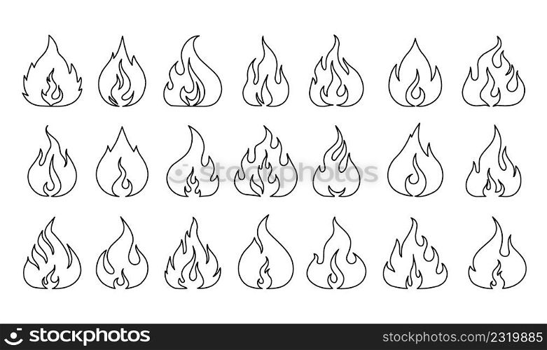 Fire line icon. Flame outline symbol for hot warning sign. Web interface element and business logo. Burning campfire. Bonfire light. Wildfire emblems. Vector ignition and combustion pictograms set. Fire line icon. Flame outline symbol for warning sign. Web interface element and business logo. Burning campfire and bonfire. Wildfire emblems. Vector ignition and combustion pictograms set