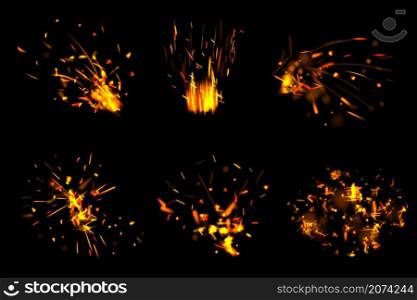 Fire particles. Glowing effects with little flame parts burned sparks decent vector realistic set isolated. Fire light effect, spark in bright illustration. Fire particles. Glowing effects with little flame parts burned sparks decent vector realistic set isolated