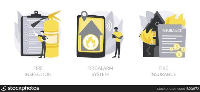 Fire prevention abstract concept vector illustration set. Fire inspection, alarm system and property insurance, smoke sensor, emergency plan, damage coverage, accident policy abstract metaphor.. Fire prevention abstract concept vector illustrations.