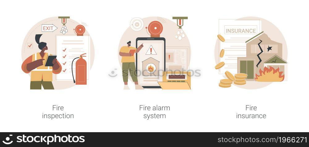 Fire prevention abstract concept vector illustration set. Fire inspection, alarm system and property insurance, smoke sensor, emergency plan, damage coverage, accident policy abstract metaphor.. Fire prevention abstract concept vector illustrations.