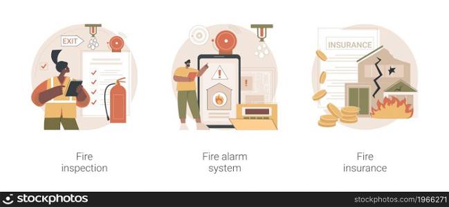 Fire prevention abstract concept vector illustration set. Fire inspection, alarm system and property insurance, smoke sensor, emergency plan, damage coverage, accident policy abstract metaphor.. Fire prevention abstract concept vector illustrations.