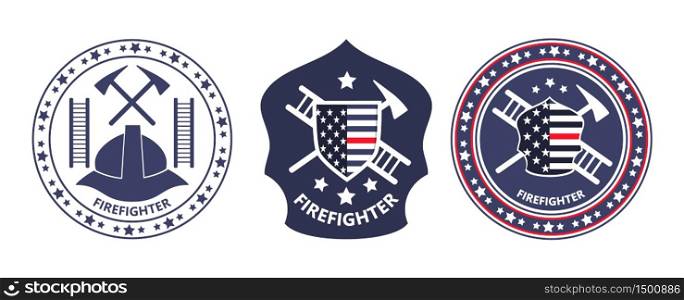 Fire Prevention Awareness Month is organised in USA. Ladder, helmet, tools, shield with American flag are shown. Trendy round emblem vector of firefighters for banner, icon, web, logo.. Fire Prevention Awareness Month is organised in USA. Ladder, helmet, tools, shield with American flag are shown.