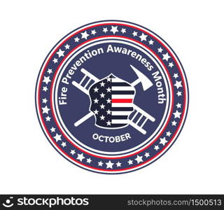 Fire Prevention Awareness Month is organised on October. Ladder, tools, a shield with the American flag shown. Trendy round emblem vector of firefighters for banner, icon, web, logo.. Fire Prevention Awareness Month is organised on October. Ladder, tools, a shield with the American flag shown.