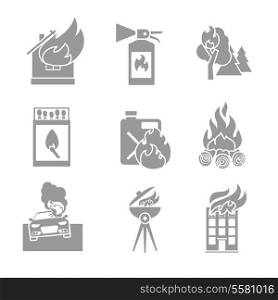 Fire protection black and white icons set of house forest car accidents isolated vector illustration