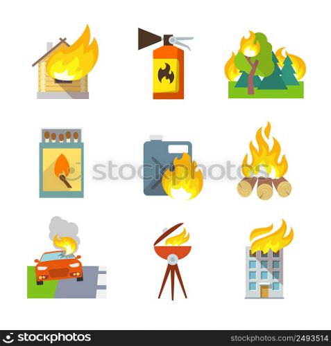 Fire protection icons set of house forest car accidents isolated vector illustration