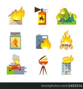 Fire protection icons set of house forest car accidents isolated vector illustration