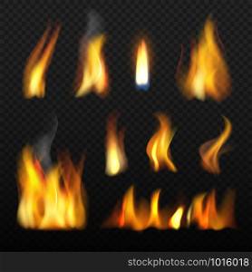 Fire realistic. Red orange tongue of flame blazing 3d vector collection on transparent background. Illustration of light heat, hot and blaze burn. Fire realistic. Red orange tongue of flame blazing 3d vector collection on transparent background