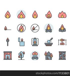 Fire related icon and symbol set in color outline design