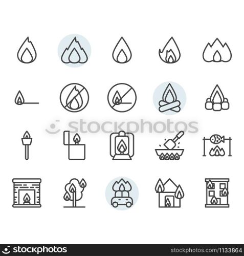Fire related icon and symbol set in outline design