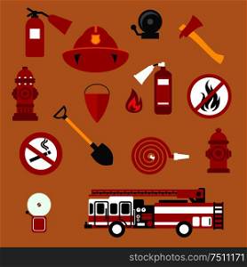 Fire safety and protection background with flat icons of fire truck, extinguishers, hose, fire flame, hydrants, protective helmet, fire alarms, axe, shovel, conical bucket, no fire and smoking signs. Fire safety, firefighter and protection flat icons