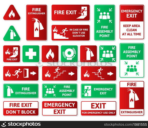 Fire safety, emergency signs, first aid, assembly point and exit