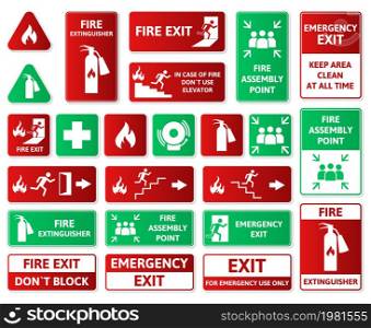 Fire safety, emergency signs, first aid, assembly point and exit symbols. Emergency fire hazard alarm, first aid vector illustration set. Emergency, fire exit icons. Warning signboard and emergency. Fire safety, emergency signs, first aid, assembly point and exit symbols. Emergency fire hazard alarm, first aid symbols vector illustration set. Emergency, fire exit icons