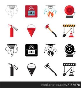 Fire safety flat icons vector of set. Illustration of fire safety, alarm bell protection. Fire safety flat icons vector of set