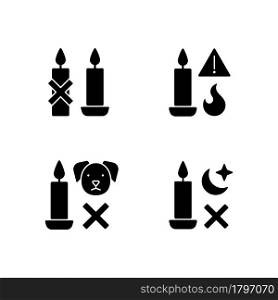 Fire safety warning label black glyph manual label icons set on white space. Use candleholder. Keep candle away from dog. Silhouette symbols. Vector isolated illustration for product use instructions. Fire safety warning label black glyph manual label icons set on white space