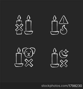 Fire safety warning label chalk white manual label icons set on dark background. Keep candle away from dog. Isolated vector chalkboard illustrations for product use instructions on black. Fire safety warning label chalk white manual label icons set on dark background