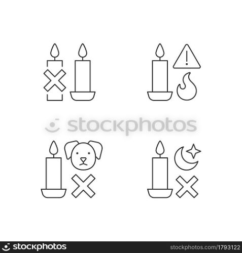 Fire safety warning label linear manual label icons set. Use candleholder. Customizable thin line contour symbols. Isolated vector outline illustrations for product use instructions. Editable stroke. Fire safety warning label linear manual label icons set
