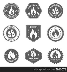 Fire shop emblems icons set black. Professional fire shop for firefighters supplies gifts accessories black emblems pictograms collection black isolated abstract vector illustration
