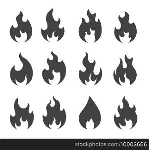 Fire silhouettes. Simple black outline fire flames, c&fire isolated icons, ignite and fiery explosion signs Vector set of fire and flame, hot blaze c&fire illustration. Fire silhouettes. Simple black outline fire flames, c&fire isolated icons, ignite and fiery explosion signs Vector set