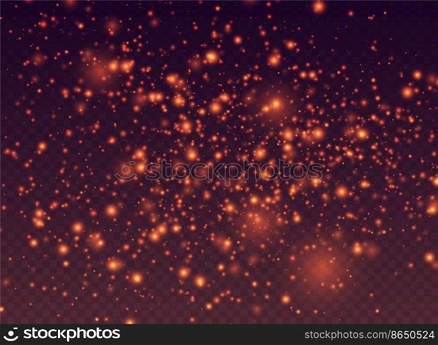 Fire sparks, magic sparkles, hellfire particles light effect. Shiny flying particles, cosmic dust with glowing flares isolated on a dark background. Vector illustration.. Fire sparks, magic sparkles, hellfire particles light effect.