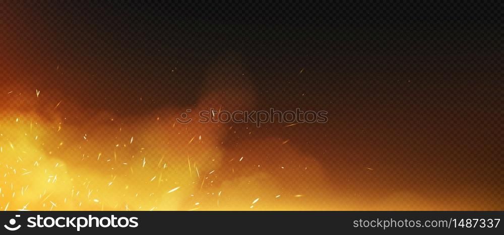 Fire sparks with smoke border, flying up particles and embers. Vector realistic heat and glow effect of flame in burning bonfire, from blacksmith works or hell isolated on transparent background. Fire sparks with smoke and flying up particles