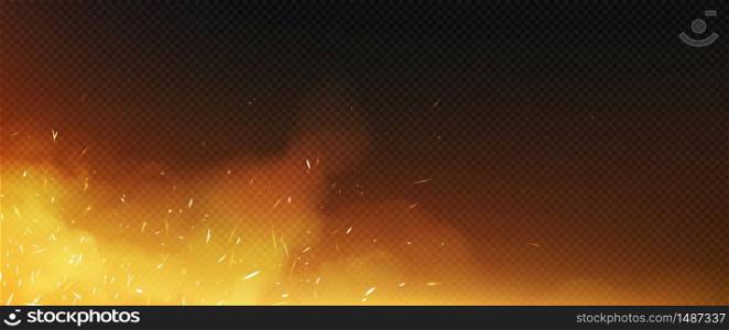 Fire sparks with smoke border, flying up particles and embers. Vector realistic heat and glow effect of flame in burning bonfire, from blacksmith works or hell isolated on transparent background. Fire sparks with smoke and flying up particles