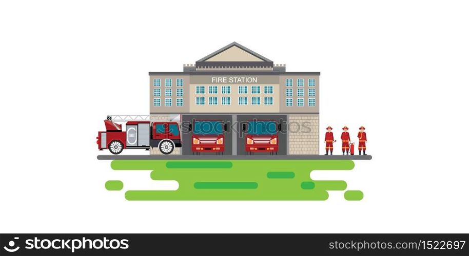 Fire station building with emergency vehicle fire engine truck and fire man icon isolated background,flat design vector illustration.
