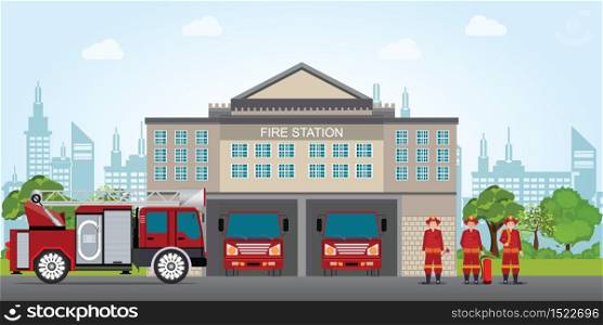 Fire station building with emergency vehicle fire engine truck and fire man,flat design vector illustration.